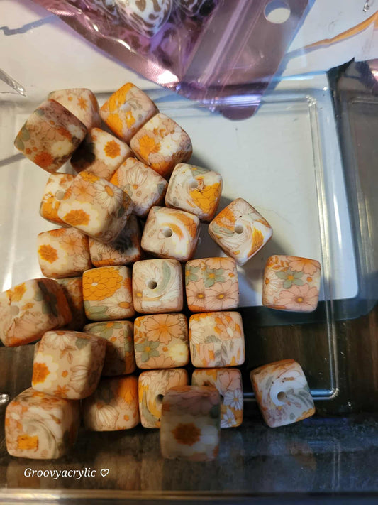 Silicone Square Bead — Orange Boho Flower